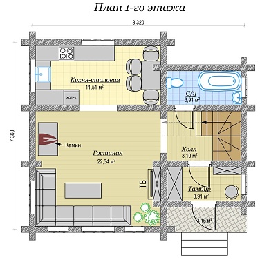 Дом из бревна ручной рубки 82,5м2, Проект №ВЗ-104-РР - 2